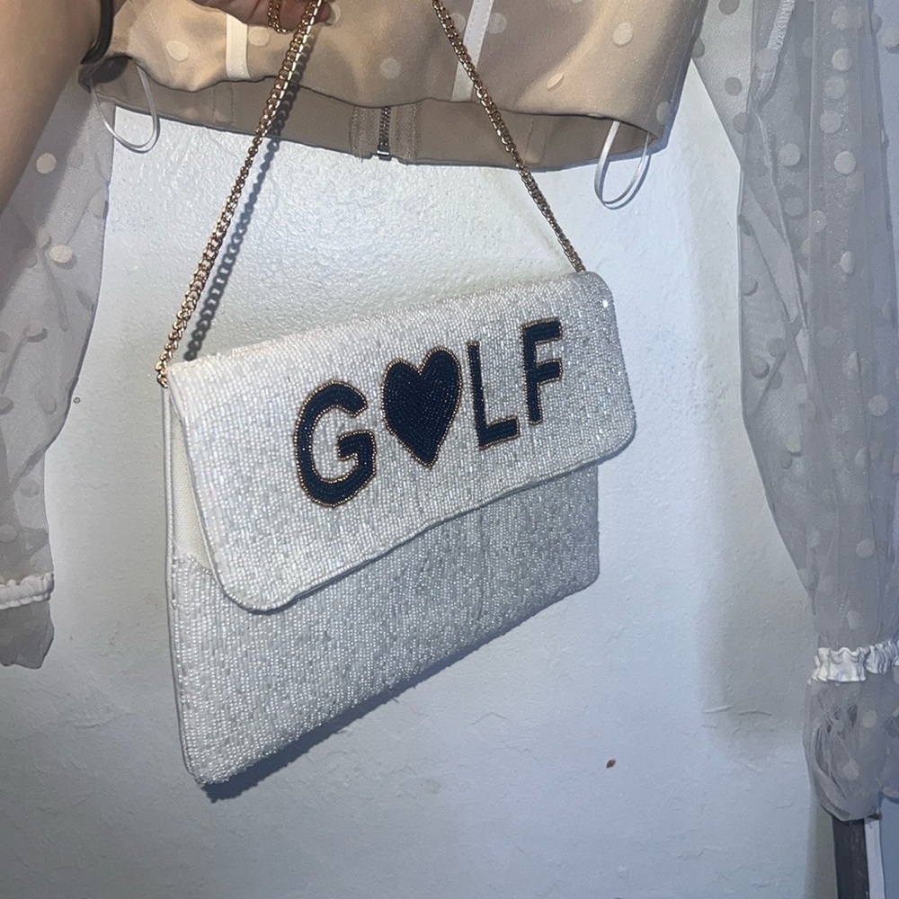 GOLF WIFEY New White & Blue Beaded Clutch Golfers Resort Country Club Vacation - Picture 7 of 16